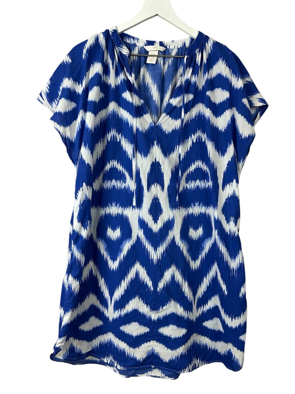 H&M Blue Ikat Print Cotton Tunic Dress Women Sz M